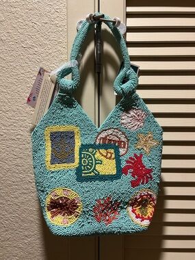 Beaded Sea Motif Tote Bag - Aqua
